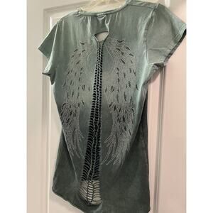 Women's sz L Green Bedazzled Wings Green Shirt By E.GO USA